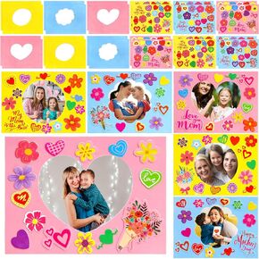 Mother's Day Picture Frame Crafts Kits for Kids Happy Mother's Day DIY Foam Photo Frame Craft Gifts with Heart Flower Stickers for Spring Party Classroom Activities 12Pack