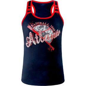 Women City Baseball Fans Athletic Sporty Vest Tank Tops Shirts - Navy & Red