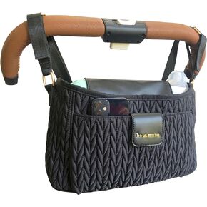 BeMums Universal Stroller Caddy / Organizer with Insulated Cup Holder, 2-in-1 Shoulder Strap for Easy Use, Faux Leather & Gold Details - Fits UppaBaby, Mockingbird, Nuna, Pet Strollers & More