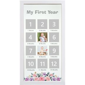 My First Year Photo Frame, Baby Keepsake Picture Frame, Baby Milestone Nursery Decor, Baby Shower Decor Baby First Birthday Party Gifts - Flowers1