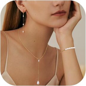 FUNRUN JEWELRY Pearl Necklace for Women 14K Gold Plated Pearl Jewelry Set Adjustable Pearl Choker Necklace Bracelet Pearl Drop Earrings Dainty Wedding Pearl Jewelry