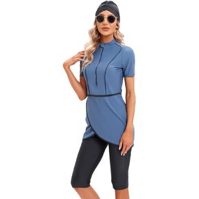 Women Burkini Swimsuits Modest Muslim Swimwear Islamic Short Sleeve Full Cover Hijab Top Swim Capris ​Pants Set