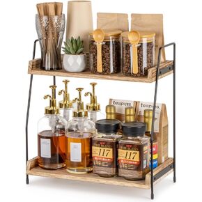 2-Tier Coffee Station Organizer, Wooden Kitchen Counter Shelf - Black