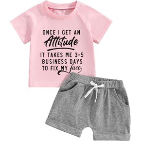 VISGOGO Toddler Baby Girl Summer Clothes Short Sleeve Letter Print Shirt Tops + Solid Color Shorts 2Pcs Outfits Sets