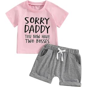 VISGOGO Toddler Baby Girl Summer Clothes Short Sleeve Letter Print Shirt Tops + Solid Color Shorts 2Pcs Outfits Sets