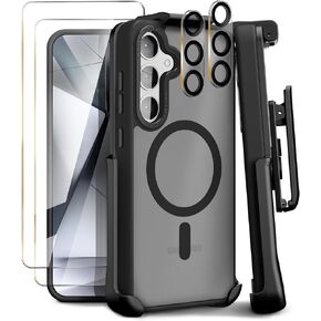 MOTIVE 5 in 1 Magnetic Case for Samsung Galaxy s24 Ultra Case with Belt Clip, [Military Grade] with 2X Screen Protector + 2X Camera Lens Protector, Translucent s24 Ultra Holster Case 6.8" | Black