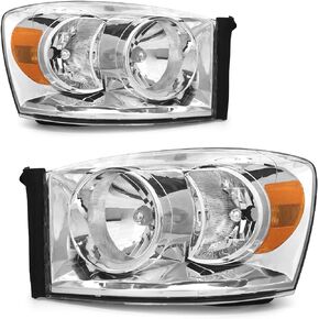 Headlight Assembly for 2006 2007 2008 2009 Dodge Ram Headlamp for 2006-2008 Dodge Ram 1500/2006-2009 Dodge Ram 2500 3500 with Chrome Housing Fit W/O Bottom Amber Colored Bar