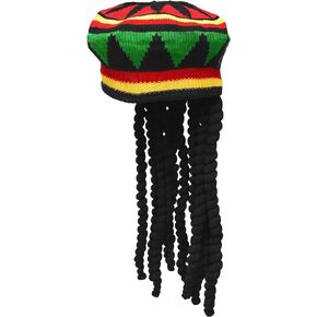Nicky Bigs Novelties Adult Rasta Hat with Dreadlocks - Fake Black Dread Locks Wig Crochet Beanie Hats Colorful Jamaican Halloween Cosplay Costume Accessory