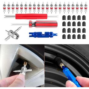 44Pcs Valve Stem Removal Tool, Spool Removal and Installation Tool-20Pcs Tire Valve Cores, 20Pcs Valve Stem Caps, 4-Way Valve Tool, Car Accessories Tire Repair Tool Universal for All Cars