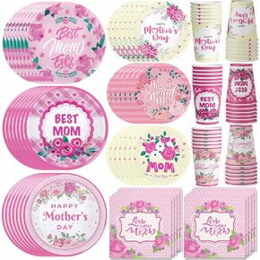 Happy Mother's Day Party Supplies Mothers Day Tableware Disposable Mother's Day Plates Napkins and cup for Best Mom Party Happy Mother's Day Party Decorations Serve 30