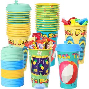 FZR Legend Beach Party Favors Goodie Cups, 24 Pack Birthday Party Cups in 4 Designs, 16OZ Reusable Beach Ball Pool Summer Plastic Party Supplies Decorations Cups with Lids Plugs for Kids Baby Shower