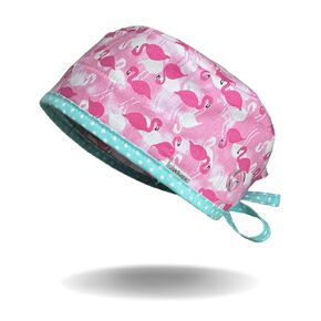JaxMask® | Women’s Flamingo Tieback Scrub Cap with Buttons & Sweatband for Long Hair | Working Hat White & Pink with Aqua Polka Dots Reusable and Washable | ‘PeachieMingo Collection’ (Long Hair)