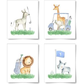 Safari Nursery Decor Golf Wall Art Prints for Kids Cute Room Decor Aesthetic Golf Buddies Animal Pictures for Boys Room, Girls Room, Baby Shower Gifts, Set of 4, 8''x10'', UNFRAMED