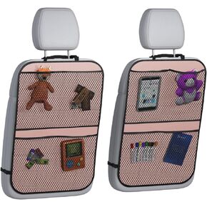 lebogner Back Seat Cover for Kids + 4 Pocket Storage Organizer, 2 Pack Kick Mats Backseat Protector, Car Accessories Waterproof Kick Guard for Vehicles to Protect from Dirt, Mud & Scratches, Pink