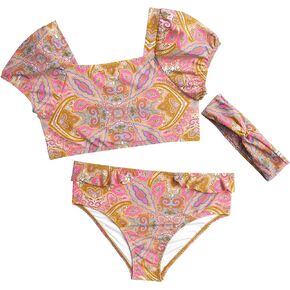 Jessica Simpson Girls' Swimwear Set - 3 Piece Crocheted Shorts and Puff Sleeve Tankini - Cute Bathing Suit for Girls (S-XL)