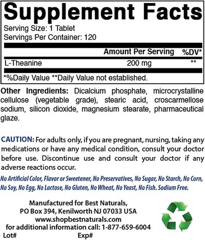 Best Naturals L-Theanine 200 ملغ لكل قرص (400 ملغ لكل قرصين) - يعزز الاسترخاء دون النعاس - 120 قرص نباتي - (120 قرصًا (عبوة من 1)) in Saudi Arabia