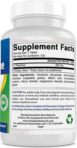 Best Naturals L-Theanine 200 ملغ لكل قرص (400 ملغ لكل قرصين) - يعزز الاسترخاء دون النعاس - 120 قرص نباتي - (120 قرصًا (عبوة من 1)) in Saudi Arabia