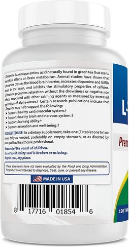 Best Naturals L-Theanine 200 ملغ لكل قرص (400 ملغ لكل قرصين) - يعزز الاسترخاء دون النعاس - 120 قرص نباتي - (120 قرصًا (عبوة من 1)) in Saudi Arabia