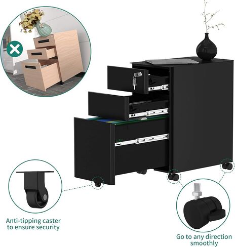 YITAHOME 3-Drawer Slim File Cabinet with Lock, Mobile Metal Office Storage Filing Cabinet, Legal/Letter Size, Pre-Assembled File Cabinet Except Wheels Under Desk - Black in Saudi Arabia