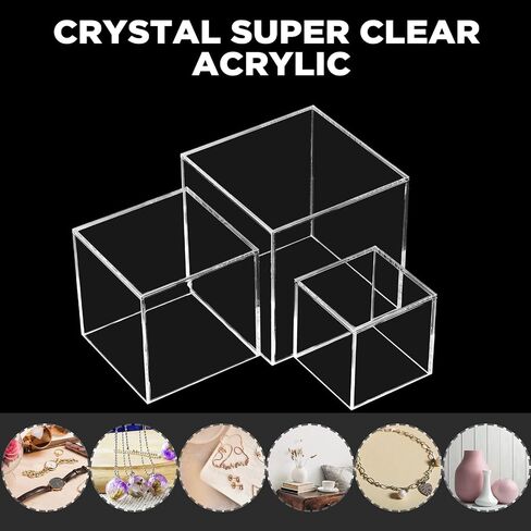 9 Pcs 5 Sided 3 Sizes Acrylic Display Boxes Riser with Hollow Bottoms Square Acrylic Cube Decorative Doll Display Case Cube Stand Riser for Storage Jewelry Collectibles Wedding Party Container in Saudi Arabia
