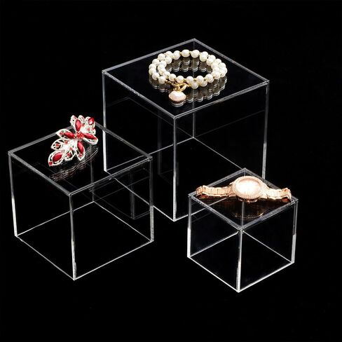 9 Pcs 5 Sided 3 Sizes Acrylic Display Boxes Riser with Hollow Bottoms Square Acrylic Cube Decorative Doll Display Case Cube Stand Riser for Storage Jewelry Collectibles Wedding Party Container in Saudi Arabia