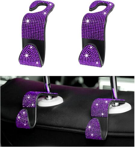 Augeny 2 PCS Bling Car Seat Headrest Hooks, Crystal Rhinestone Back Seat Hanging Storage Organizer, Auto Purse Bags Hanger, Universal Vehicle Interior Accessories for Women Girls (Black) in Saudi Arabia