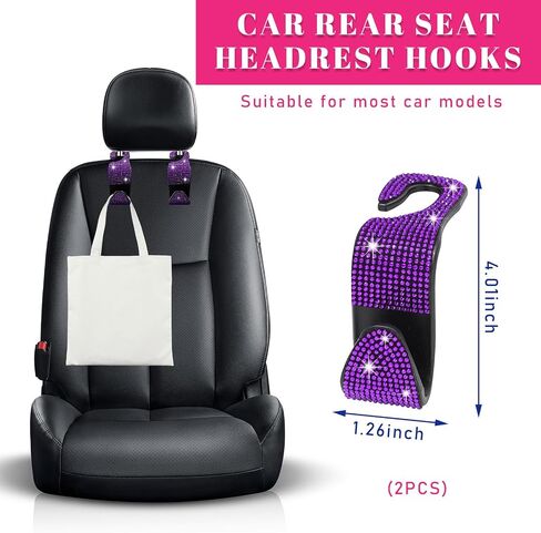 Augeny 2 PCS Bling Car Seat Headrest Hooks, Crystal Rhinestone Back Seat Hanging Storage Organizer, Auto Purse Bags Hanger, Universal Vehicle Interior Accessories for Women Girls (Black) in Saudi Arabia