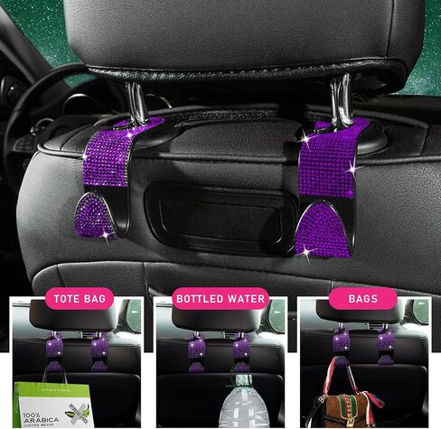 Augeny 2 PCS Bling Car Seat Headrest Hooks, Crystal Rhinestone Back Seat Hanging Storage Organizer, Auto Purse Bags Hanger, Universal Vehicle Interior Accessories for Women Girls (Black) in Saudi Arabia