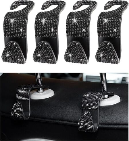 Augeny 2 PCS Bling Car Seat Headrest Hooks, Crystal Rhinestone Back Seat Hanging Storage Organizer, Auto Purse Bags Hanger, Universal Vehicle Interior Accessories for Women Girls (Black) in Saudi Arabia