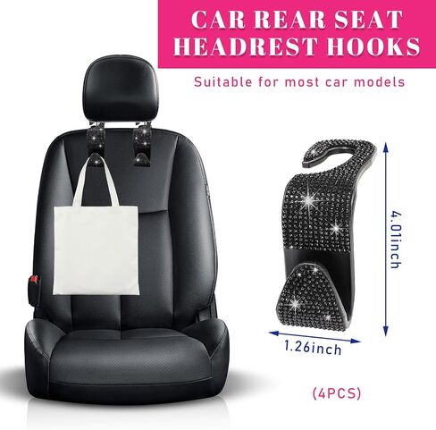 Augeny 2 PCS Bling Car Seat Headrest Hooks, Crystal Rhinestone Back Seat Hanging Storage Organizer, Auto Purse Bags Hanger, Universal Vehicle Interior Accessories for Women Girls (Black) in Saudi Arabia