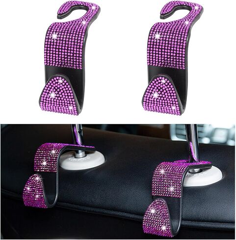2 قطعة من خطافات مسند رأس مقعد السيارة اللامعة، منظم تخزين معلق للمقعد الخلفي من حجر الراين الكريستالي، شماعة حقائب المحفظة التلقائية، ملحقات داخلية عالمية للمركبات للنساء والفتيات (أرجواني) in Kuwait