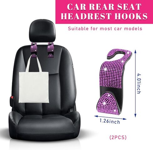 2 قطعة من خطافات مسند رأس مقعد السيارة اللامعة، منظم تخزين معلق للمقعد الخلفي من حجر الراين الكريستالي، شماعة حقائب المحفظة التلقائية، ملحقات داخلية عالمية للمركبات للنساء والفتيات (أرجواني) in Kuwait