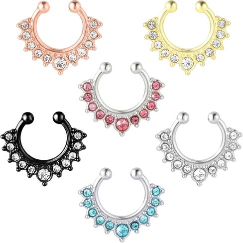 6Pcs Fake Septum Nose Hoop Fake Nose Ring Stainless Steel Fake Nose Piercing with Rhinestone Clip On Nose Ring Lip Non Piercing Body Jewelry in Saudi Arabia