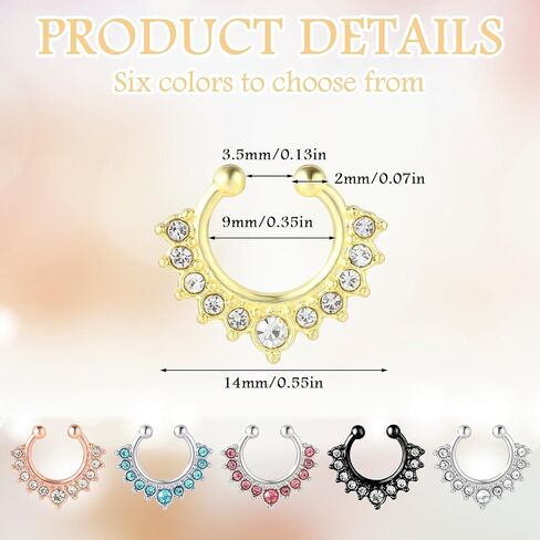 6Pcs Fake Septum Nose Hoop Fake Nose Ring Stainless Steel Fake Nose Piercing with Rhinestone Clip On Nose Ring Lip Non Piercing Body Jewelry in Saudi Arabia