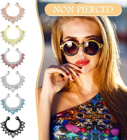 6Pcs Fake Septum Nose Hoop Fake Nose Ring Stainless Steel Fake Nose Piercing with Rhinestone Clip On Nose Ring Lip Non Piercing Body Jewelry in Saudi Arabia