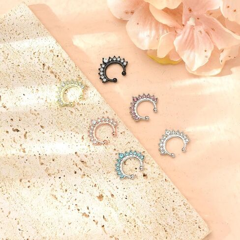 6Pcs Fake Septum Nose Hoop Fake Nose Ring Stainless Steel Fake Nose Piercing with Rhinestone Clip On Nose Ring Lip Non Piercing Body Jewelry in Saudi Arabia