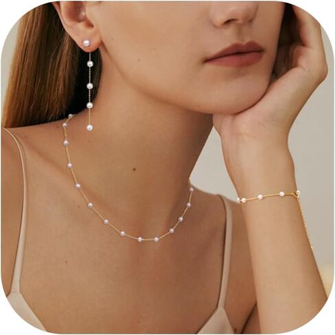FUNRUN JEWELRY Pearl Necklace for Women 14K Gold Plated Pearl Jewelry Set Adjustable Pearl Choker Necklace Bracelet Pearl Drop Earrings Dainty Wedding Pearl Jewelry in Kuwait