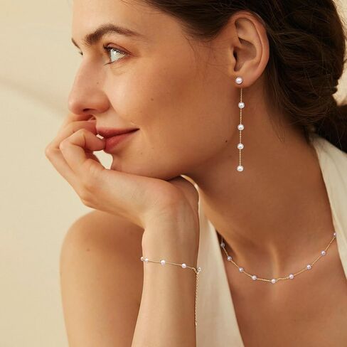 FUNRUN JEWELRY Pearl Necklace for Women 14K Gold Plated Pearl Jewelry Set Adjustable Pearl Choker Necklace Bracelet Pearl Drop Earrings Dainty Wedding Pearl Jewelry in Kuwait