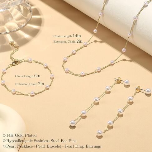 FUNRUN JEWELRY Pearl Necklace for Women 14K Gold Plated Pearl Jewelry Set Adjustable Pearl Choker Necklace Bracelet Pearl Drop Earrings Dainty Wedding Pearl Jewelry in Kuwait