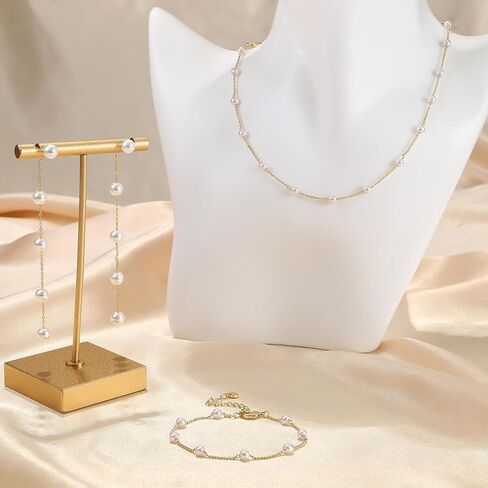 FUNRUN JEWELRY Pearl Necklace for Women 14K Gold Plated Pearl Jewelry Set Adjustable Pearl Choker Necklace Bracelet Pearl Drop Earrings Dainty Wedding Pearl Jewelry in Kuwait