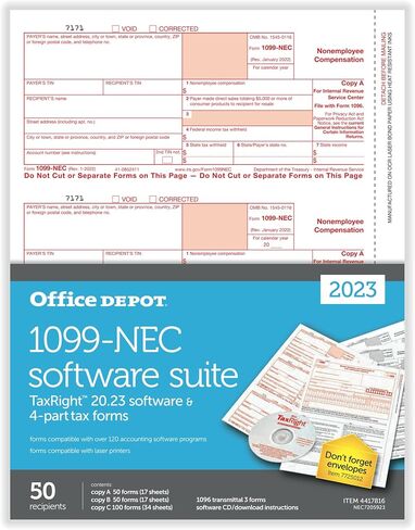 نماذج ضرائب الليزر 1099-NEC ذات العلامة التجارية Office Depot® مع برنامج، 4 أجزاء، 3-Up، 8-1/2 بوصة × 11 بوصة، حزمة مكونة من 50 مجموعة نماذج in Kuwait