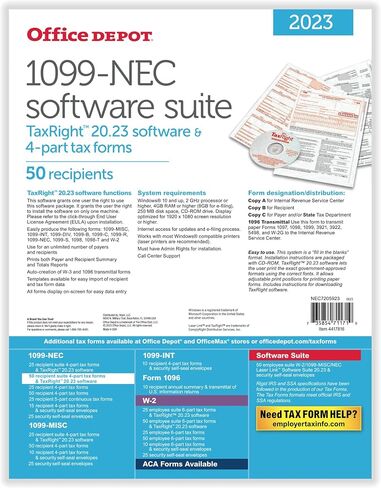 نماذج ضرائب الليزر 1099-NEC ذات العلامة التجارية Office Depot® مع برنامج، 4 أجزاء، 3-Up، 8-1/2 بوصة × 11 بوصة، حزمة مكونة من 50 مجموعة نماذج in Kuwait