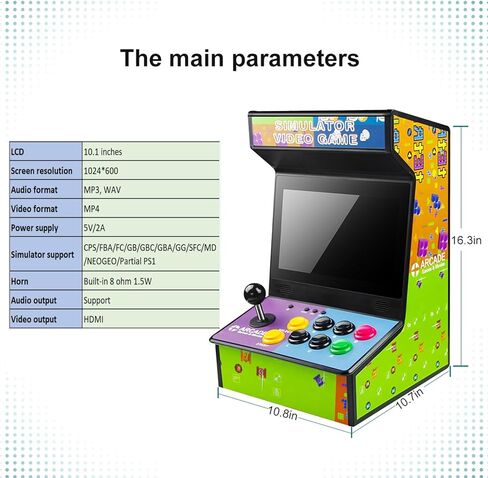 Handheld Arcade Game Console -10 Inch Mini Arcade Machine Cabinet - Classics Mini Player -Retro Games Included -Tabletop and Bartop Support for TV Output, Birthday Present Gift for Kids in Kuwait