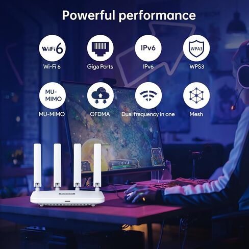 جهاز توجيه AX1800 WiFi 6، جهاز توجيه الإنترنت اللاسلكي ثنائي النطاق 802.11ax، جهاز توجيه جيجابت، شبكة سهلة، جهاز توجيه الألعاب، IPV6، WPA3، OFDMA، MU-MIMO، منافذ RJ45 بسرعة 1000 ميجابت في الثانية، يدعم أكثر من 30 جهازًا (أبيض) in Kuwait