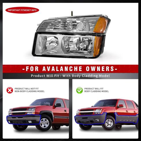 مجموعة المصابيح الأمامية متوافقة مع 2002 2003 2004 2005 2006 Chevy Avalanche 1500 2500 للمصابيح الأمامية المصنوعة من الكروم وعاكس كهرماني بديل للعدسات الشفافة (يناسب نماذج تكسية الجسم) in Kuwait