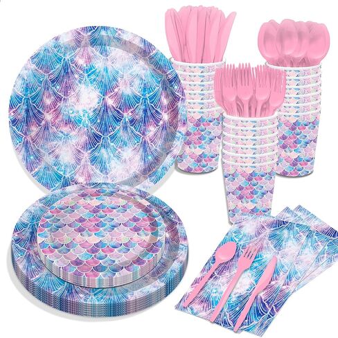 116 قطعة لوازم حفلات حورية البحر 16 ضيفًا ديكورات حفلات حورية البحر بما في ذلك أطباق ورقية لحفلات حورية البحر وأطباق العشاء والمناديل والكؤوس لتزيين حفلات حورية البحر in Kuwait