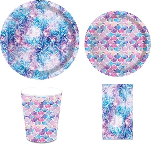 116 قطعة لوازم حفلات حورية البحر 16 ضيفًا ديكورات حفلات حورية البحر بما في ذلك أطباق ورقية لحفلات حورية البحر وأطباق العشاء والمناديل والكؤوس لتزيين حفلات حورية البحر in Kuwait