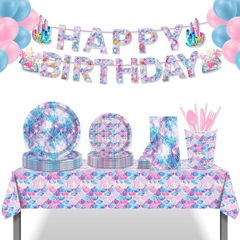 116 قطعة لوازم حفلات حورية البحر 16 ضيفًا ديكورات حفلات حورية البحر بما في ذلك أطباق ورقية لحفلات حورية البحر وأطباق العشاء والمناديل والكؤوس لتزيين حفلات حورية البحر in Kuwait