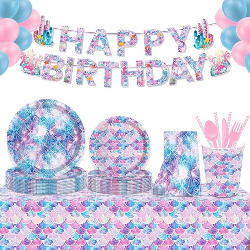 116 قطعة لوازم حفلات حورية البحر 16 ضيفًا ديكورات حفلات حورية البحر بما في ذلك أطباق ورقية لحفلات حورية البحر وأطباق العشاء والمناديل والكؤوس لتزيين حفلات حورية البحر in Kuwait