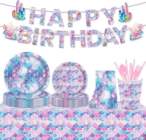 116 قطعة لوازم حفلات حورية البحر 16 ضيفًا ديكورات حفلات حورية البحر بما في ذلك أطباق ورقية لحفلات حورية البحر وأطباق العشاء والمناديل والكؤوس لتزيين حفلات حورية البحر in Kuwait